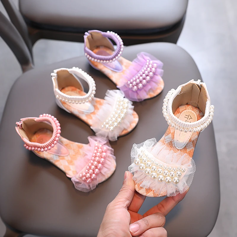 Children Sandals Girl's Lace Pearl Zipper Sweet Luxury Summer Open Toe 21-36 Toddler Fashion Soft Dance Kids Sliders