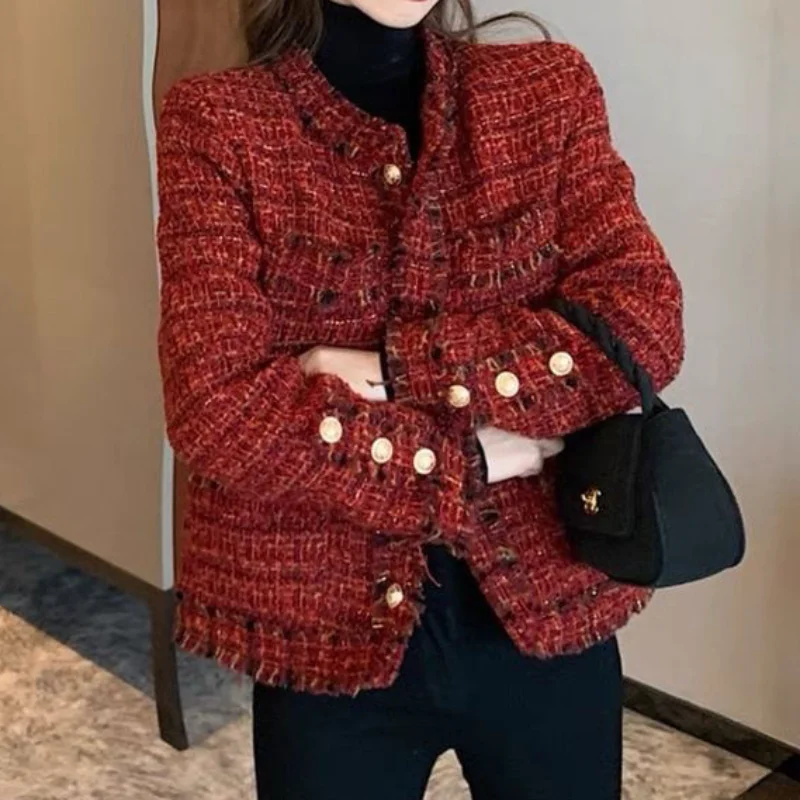 

Red Tweed Autumn Winter New French Coat Small Fragrance Basic Vintage Fashion Tassel Holiday Long Sleeve Women Elegant Jacket
