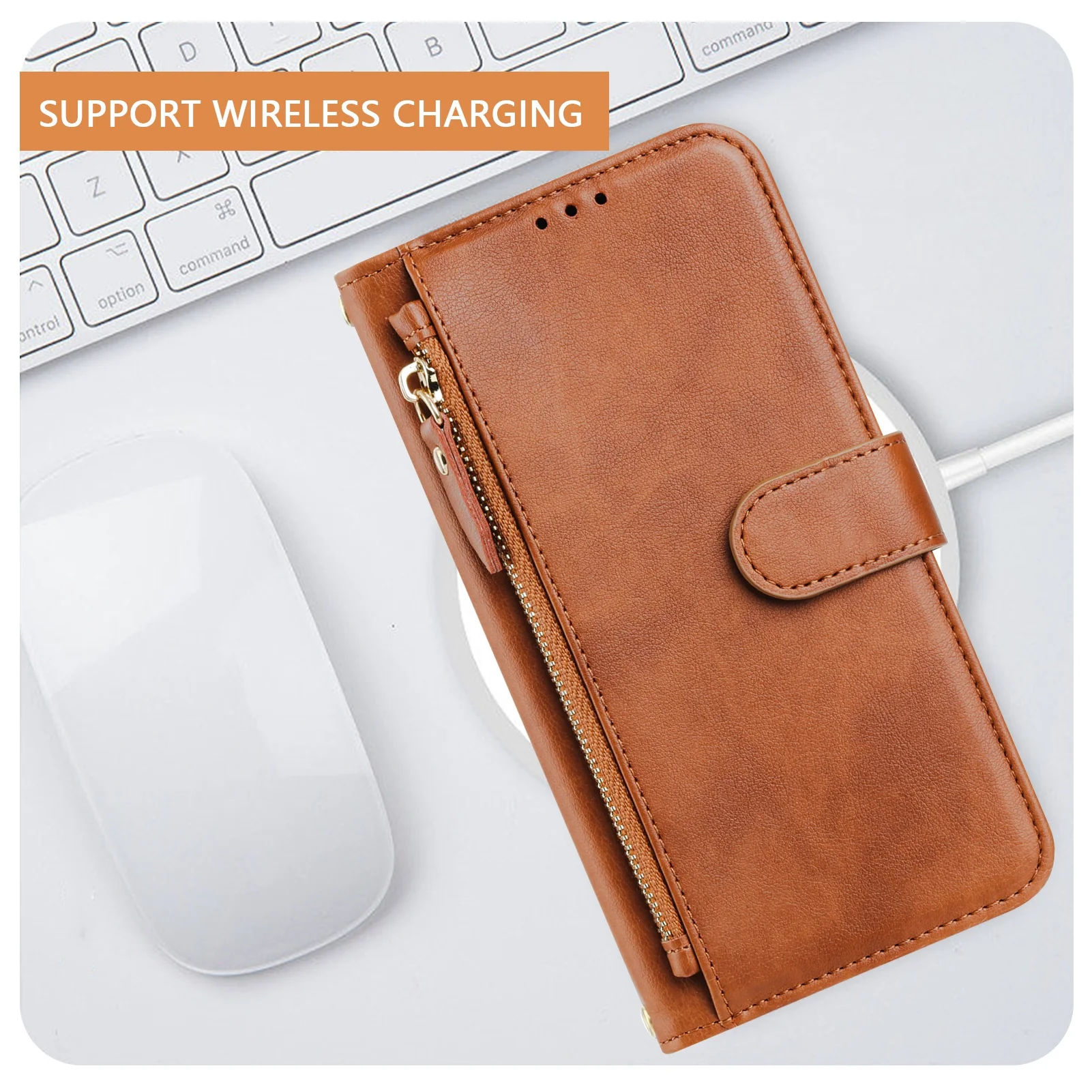 Luxurious Leather Wallet Phone Case with Strap and Zipper