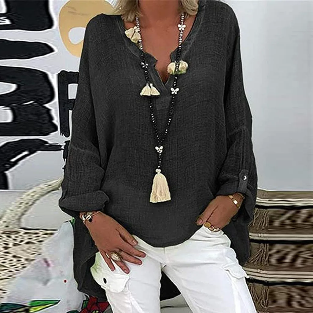 여성용 단색 코튼 린넨 탑, 캐주얼 루즈 긴팔 블라우스, V넥 비치 셔츠, 봄 버튼 튜닉, 여름