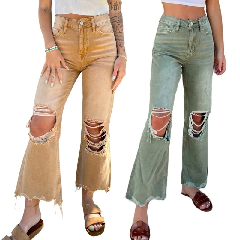 

Bells Bottoms Jeans for Womens High Waist Flare Jeans with Wide Leg Ripped Denims Pants Y2K Streetwear