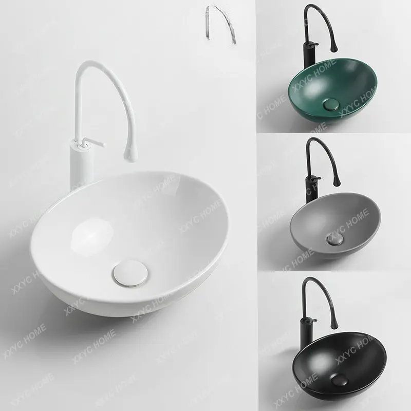 

Countertop Bathroom Sink Ceramic Matte Black Gray Green Oval Simple Washbasin Wash Basin Hot and Cold Faucet