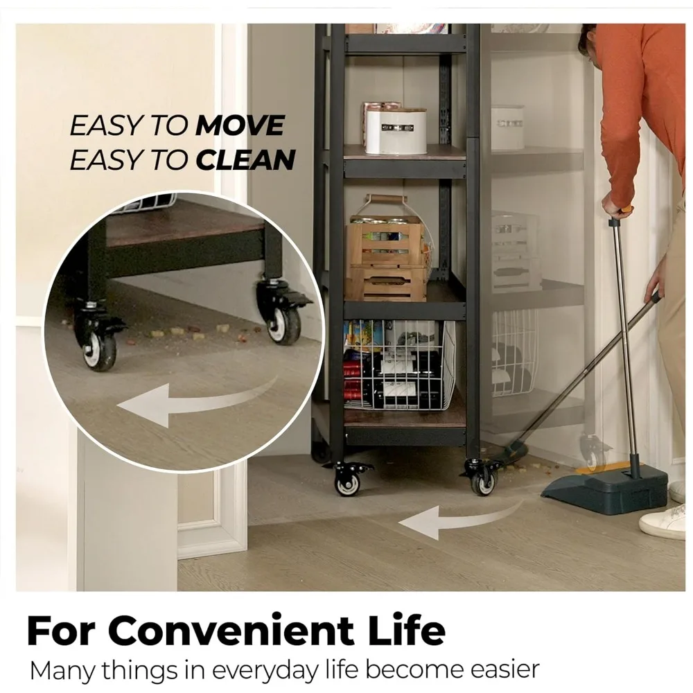 HOMEDANT House 5-Tier Metal Rolling Cart Shelf Rack Casters Heavy Duty Laminated Wheel Shelving Unit Adjustable Utility Storage