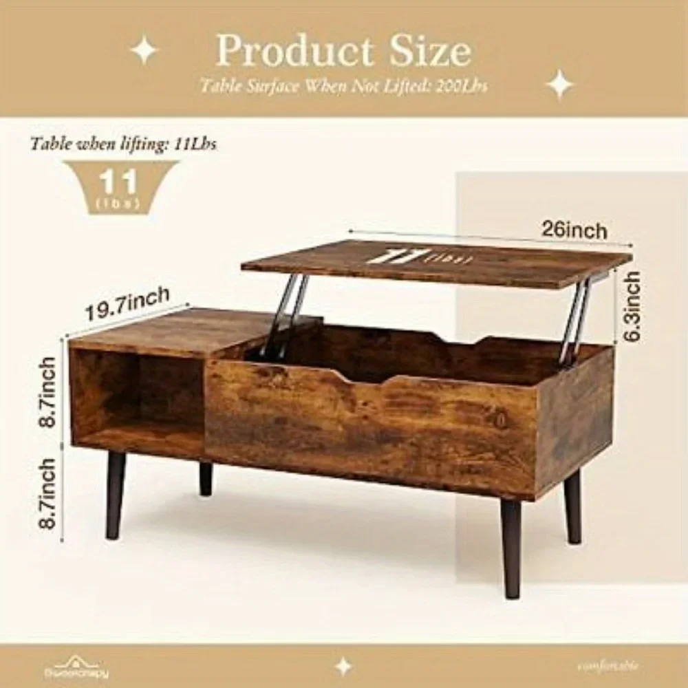 Wood Lift Top Dining Tabletop Home Office Coffee Tea Table with Adjustable Shelf