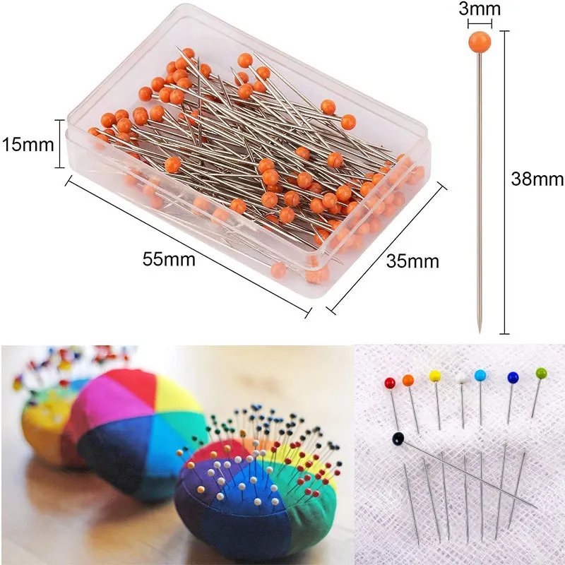 100Pcs/Box 38mm Sewing Pins Glass Ball Multicolor Head Pins Straight  Quilting Pins with Pearl Heads DIY Crafts Sewing Tool