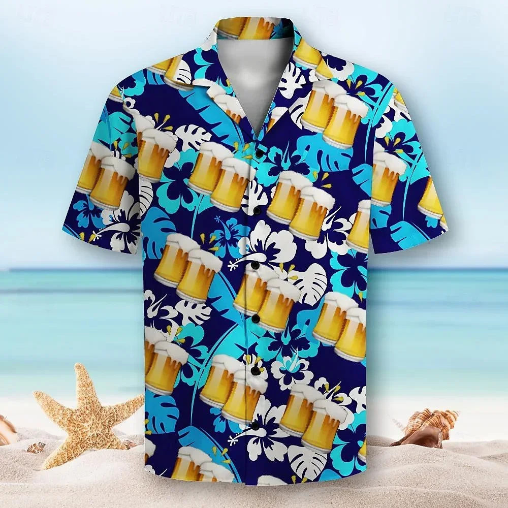 Men's Printed Short Sleeve Shirt, Leisure, Daily, Summer, Flip Collar, Button, Designer Shirt, Beer, Hawaii Resort, Party