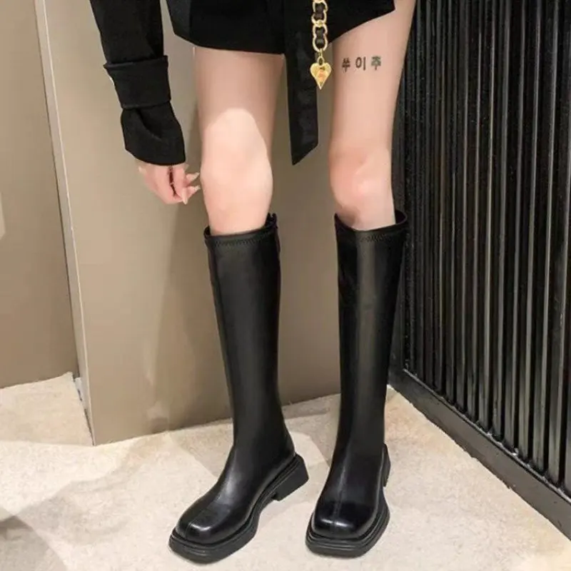 Heel Lady Boots Round Toe Women's Shoes Platform Women Zipper Over-the-Knee Clogs Rubber Autumn Basic Solid Retro Fashion New 40