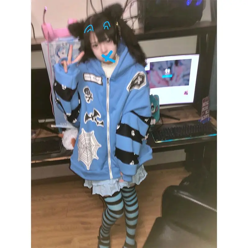 

Harajuku spider web retro hoodie long sleeve oversized sweatshirt women fashion zip up hoodie korean tops goth style kawaii