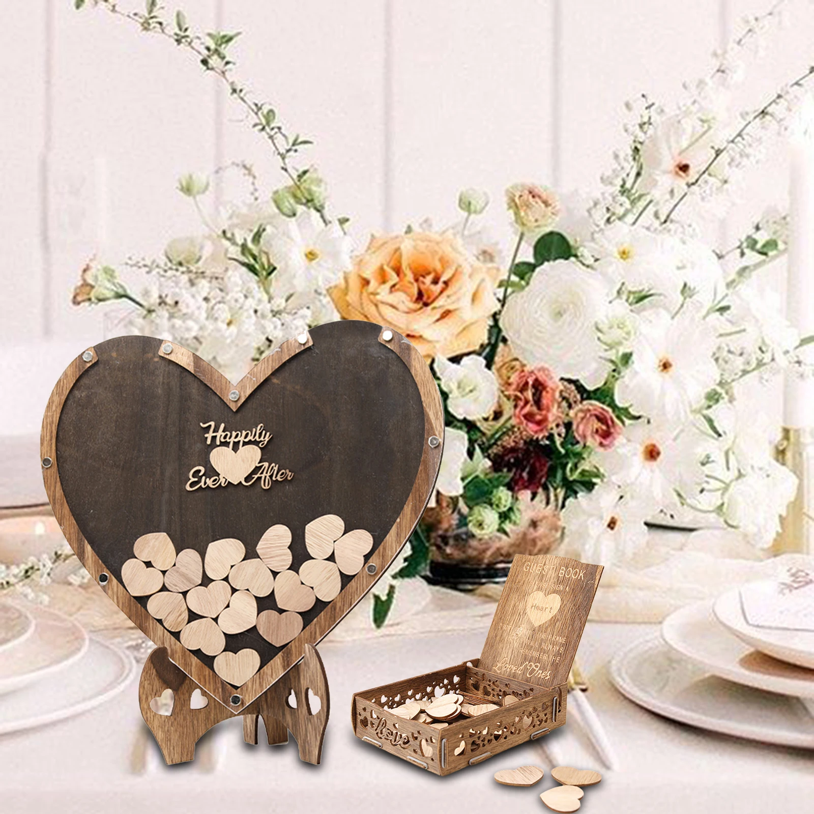 Wedding Guest Book Heart Shaped Frame Hearts Drop Box with Guestbook Wooden Hearts for Party Decoration Anniversary Baby Shower