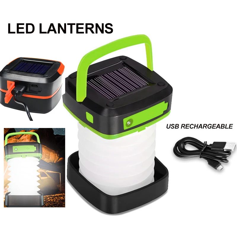 Solar Power LED Collapsible Camping Tent Light Portable Fishing Lantern Lamp USB 