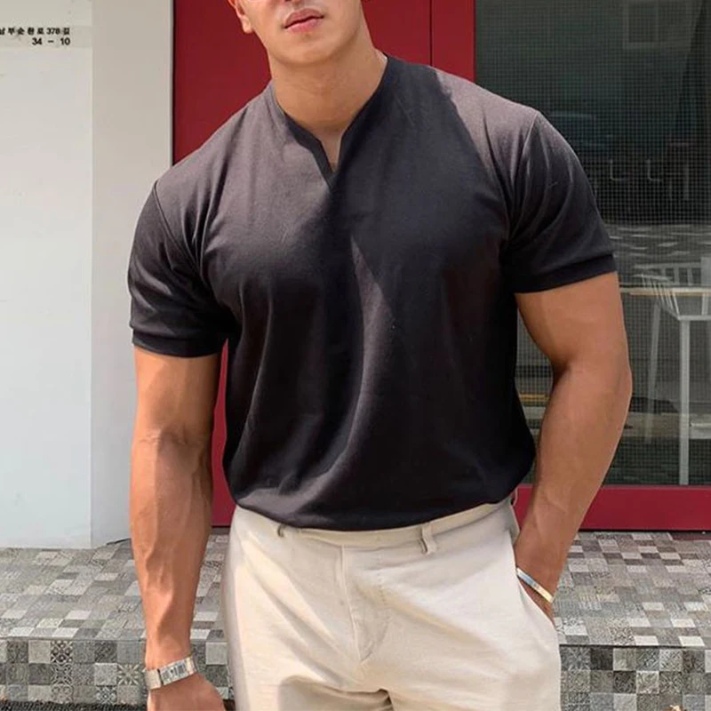 

Summer Korean Clothing Men Slim Knitted T-Shirts Streetwear Fashion Simple Solid Versatile Casual Breathable Short Sleeve Tops