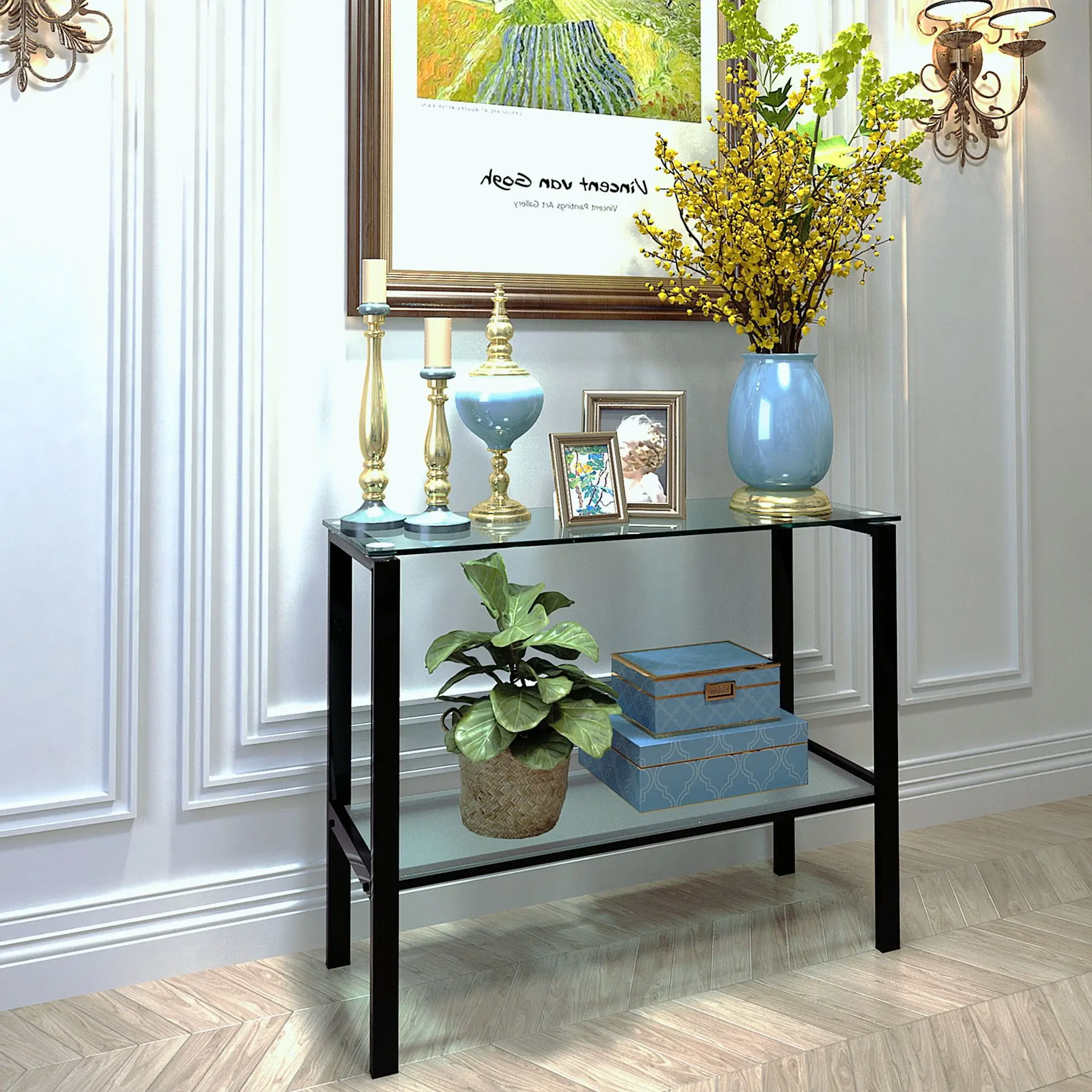

[Flash Sale]Console Table 2-Layer Tempered Glass Rectangular Porch Table Black Leg Tea Table Sofa Side Table[US-Stock]