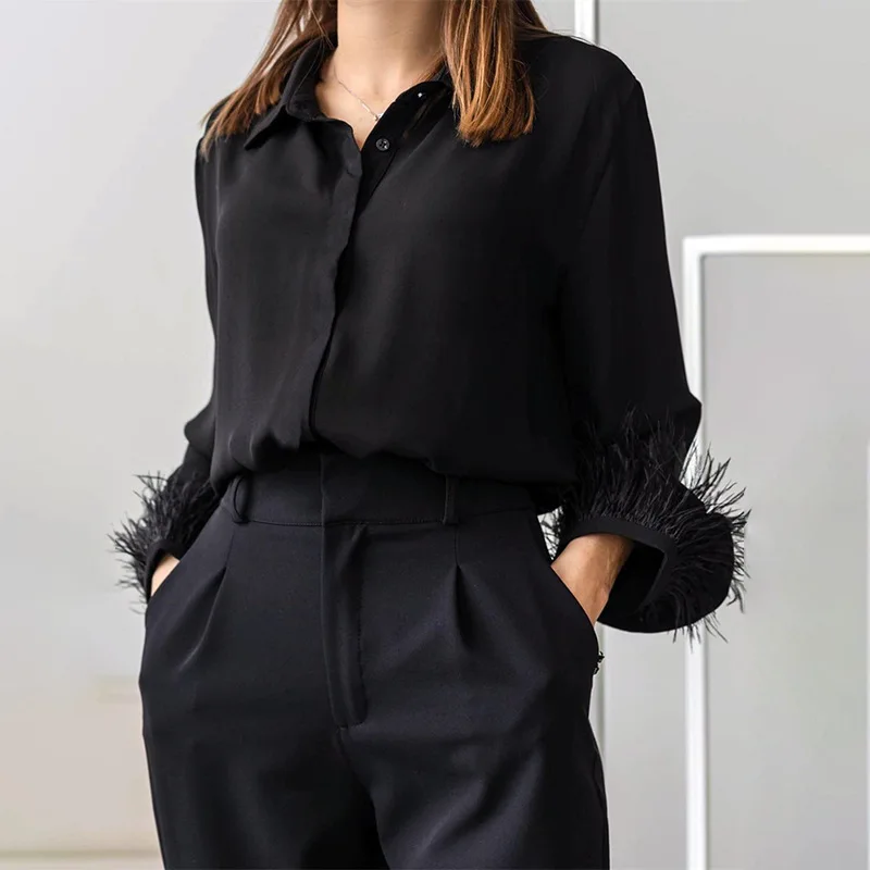 

Spring Autumn New Vintage Solid Feather Patchwork Loose Casual Blouse Femme Streetwear Elegant Fashion Button Up Shirt Top Women