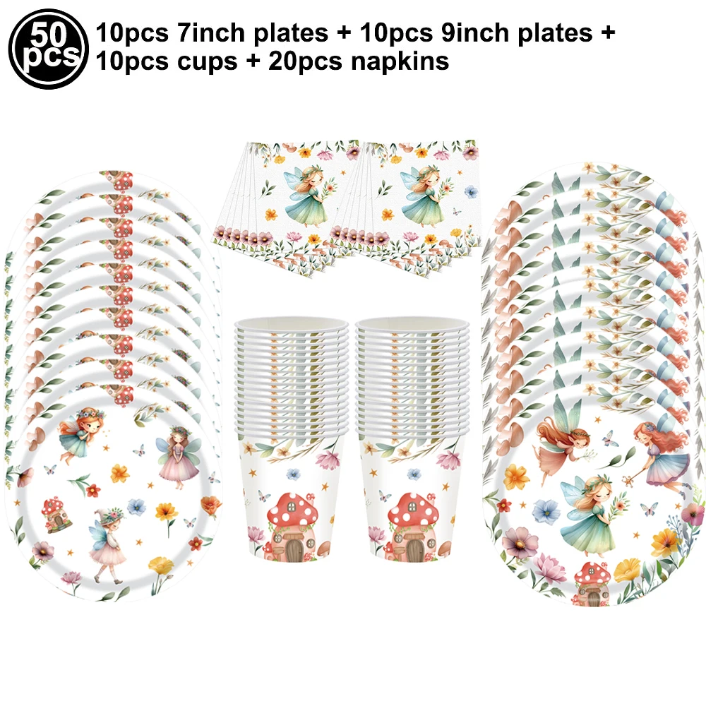 Pink Butterfly & Flower Fairy Disposable Party Tableware Set - Plates, Cups, and Napkins