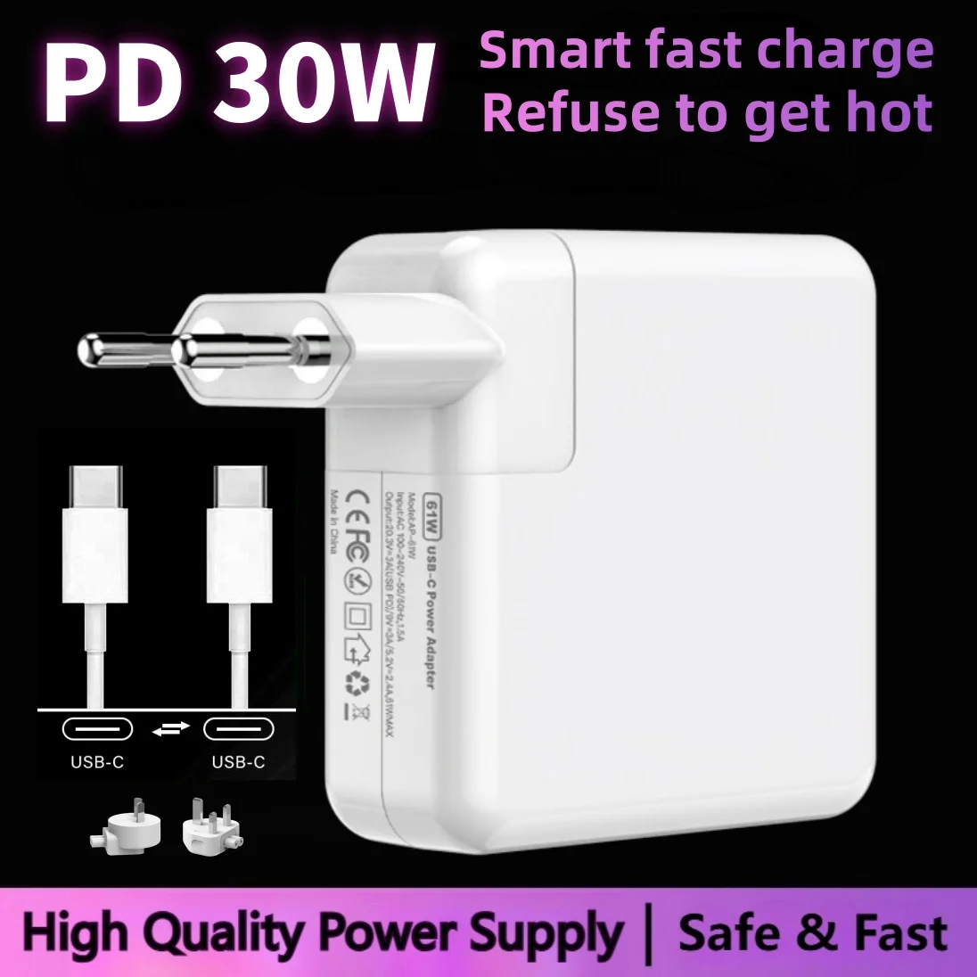 30W PD Type-C Notebook Laptops Power Adapter USB-C Fast Charger