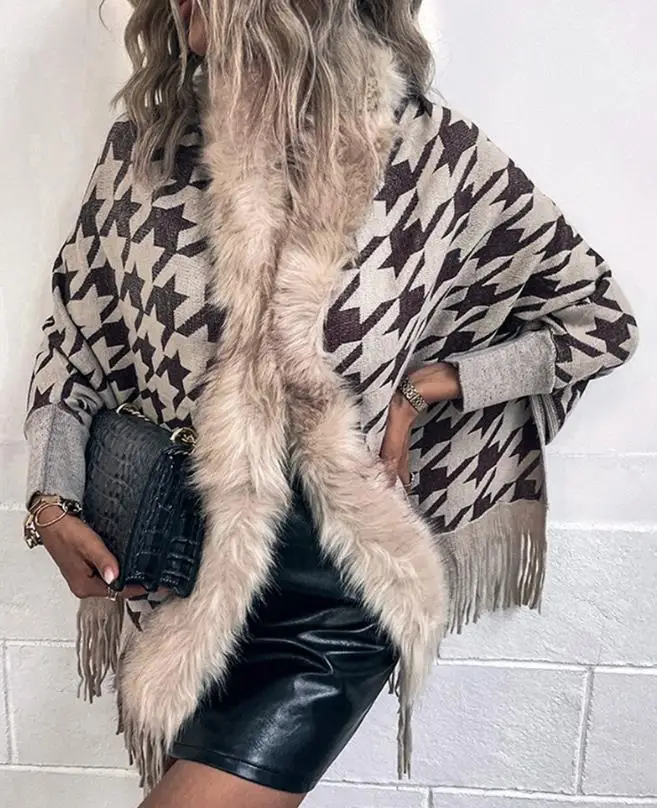 

Fashion Women's Cape Cardigan Fall Winter Warm Coat 2023 Houndstooth Print Fringe Hem Faux Fur Patch Poncho Cardigan