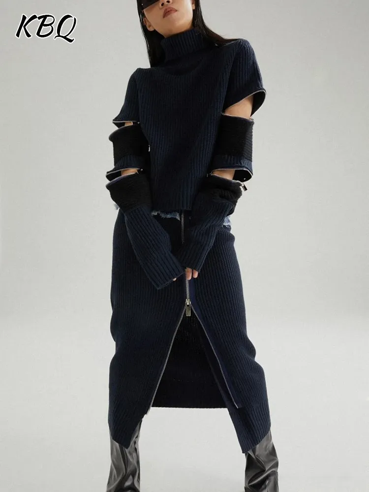 KBQ Spliced Zipper Two Piece Sets For Women Turtleneck Long Sleeve Sweater High Waist Patchwork Denim Skirt Hit Color Set Female