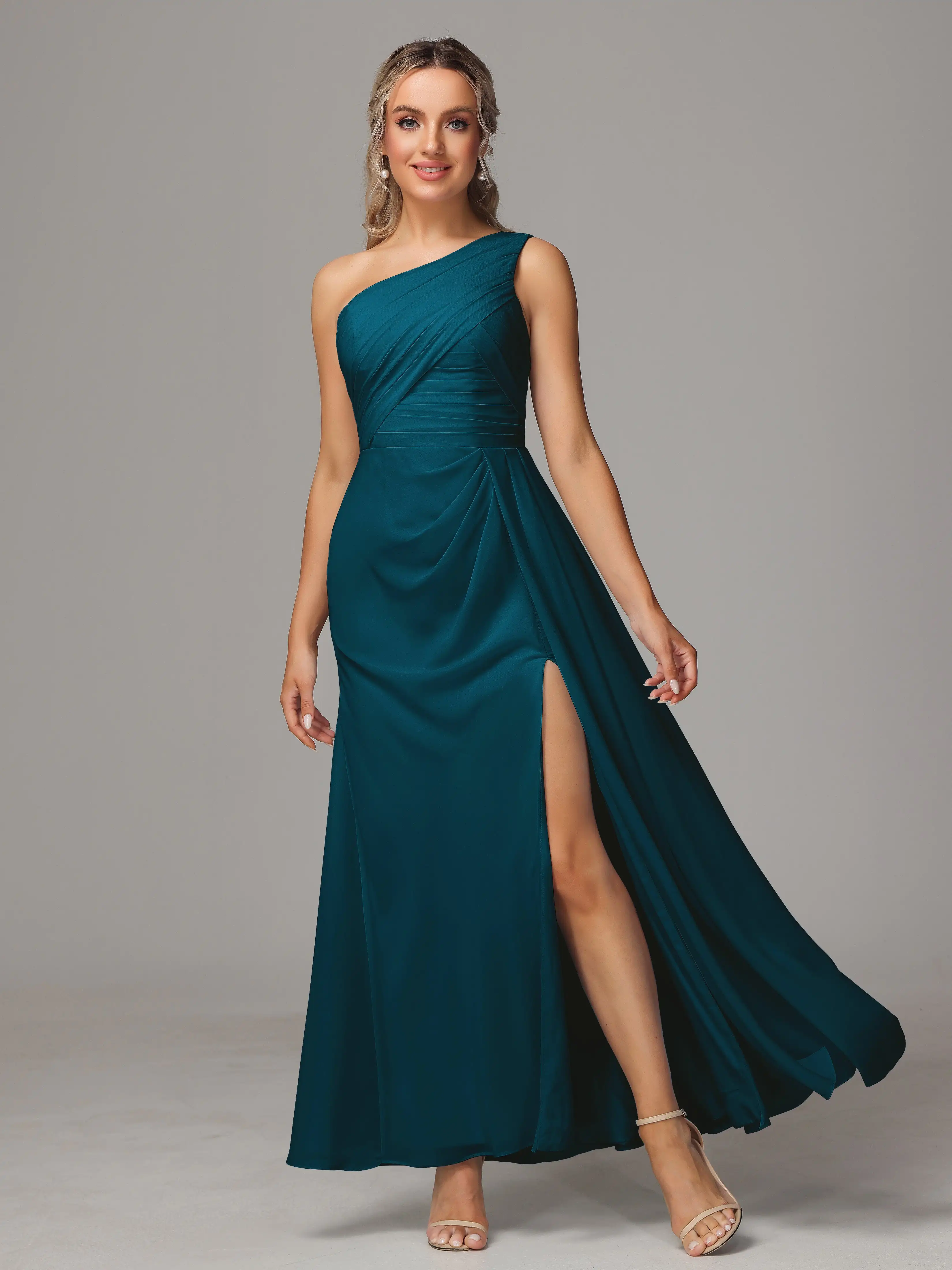 

A-Line One Shoulder Ruched Chiffon Bridesmaid Dress With Split Ankle-Length Elegant Formal Evening Party Gown Simple Prom Dress