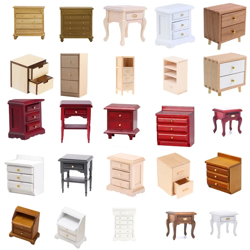 1:12 Dollhouse Miniature Bedside Table Series Storage Cabinet Drawers Model Doll House Bedroom Furniture Decor Accessories Toy 2