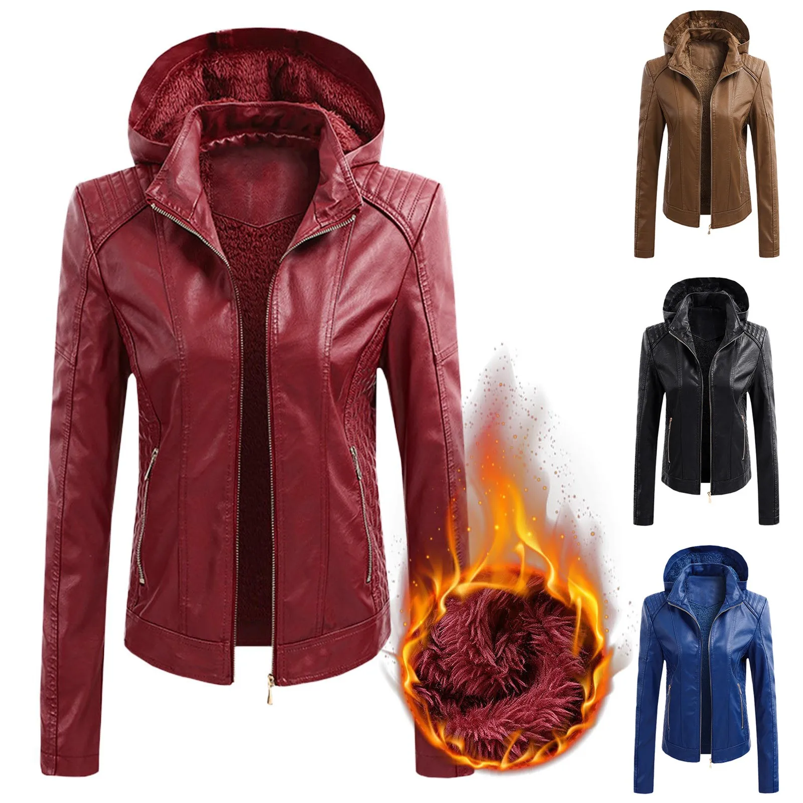 

Куртка женская кожаная с капюшоном, верхняя одежда со съемной шапкой, с длинным рукавом, Байкерская Одежда