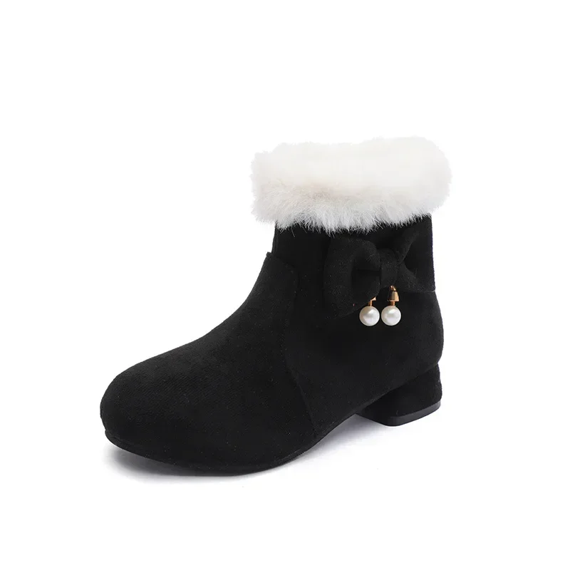 Winter Children Furry Warm Boots Princess Black Red Girl High-heels Fashion Boot Hairy Versatile Bowknot Kids Causal Ankle Boots