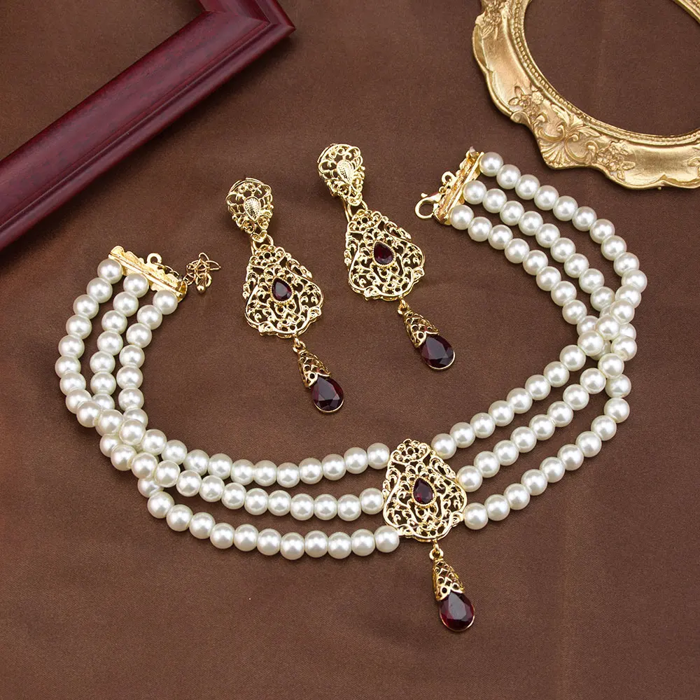 Sunspicems شيك المغرب مجموعة مجوهرات الزفاف القرط حبة اللؤلؤ المختنق قلادة الذهب اللون العربية سلسلة عنق بيجو