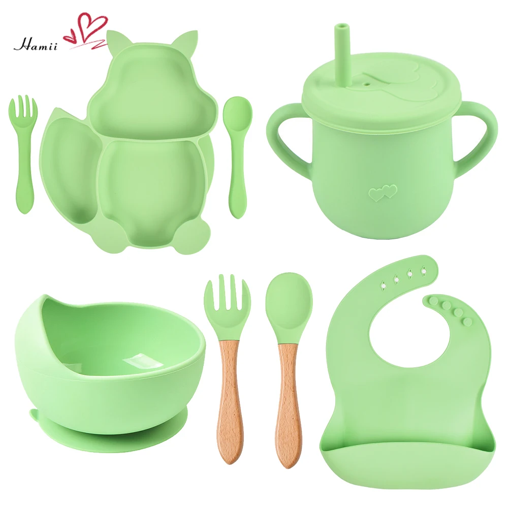 

8Pcs/Set Baby Tableware Set Silicone Feeding Plate Suction Bowl Spoon Fork Bib Cup Dinnerware BPA Free Children Dishes Cultery