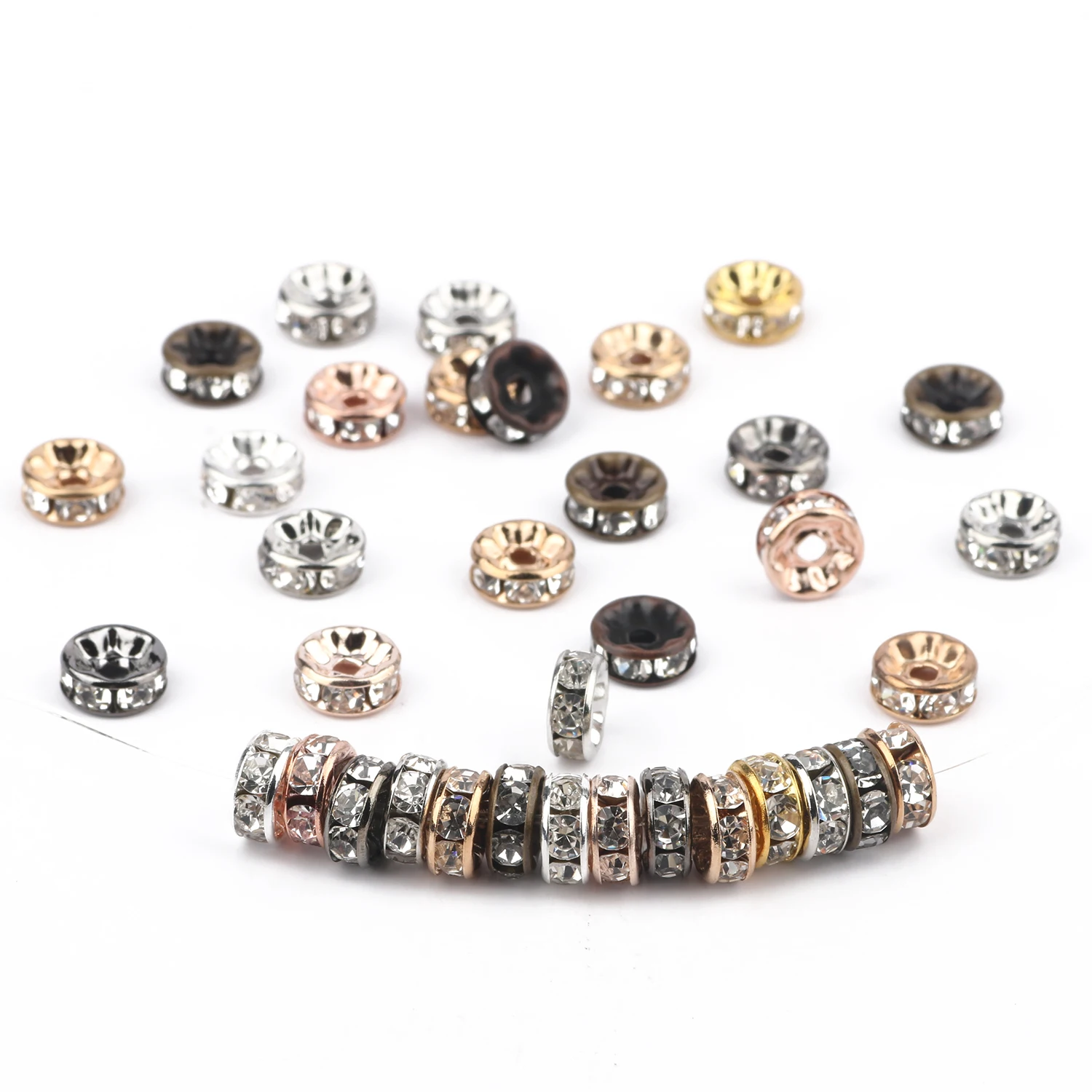 Rhinestone Spacer Beads 50pcs Multi-color Crystal Metal Spacers Rondelle Beads for Jewelry Making DIY Bracelets Accessories