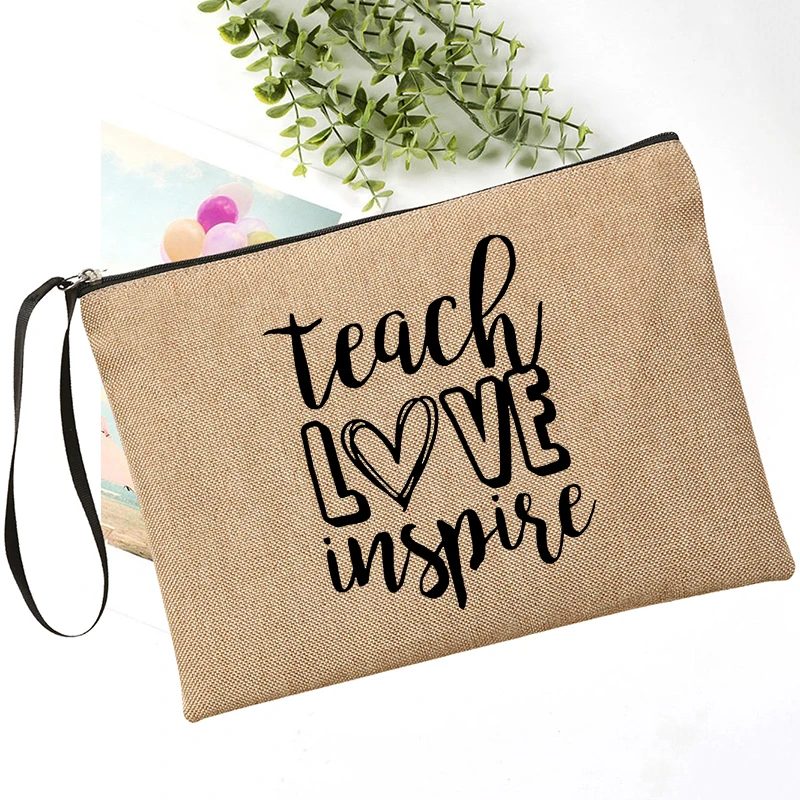 Teacher Love Inspire Print Women Neceser School Pencil Storage Bag Linen  Pouch Travel Toiletry Organizer Makeup Bag Teacher Gift