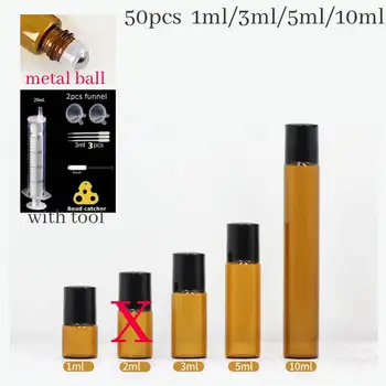50PCS 1/2/3/5/10ml Glass Roll on Bottle Oil Vials with Roller Metal /Glass Ball Sample Test Essential Amber Stainless Steel Ball 1