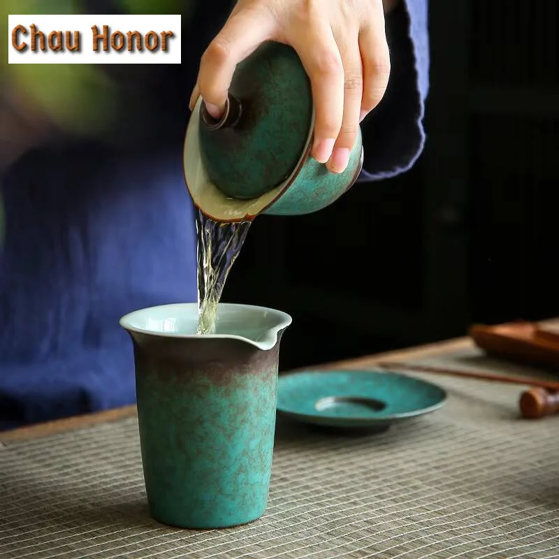 150ml Japanese Style Turquoise Glaze Ceramic Sancai Gaiwan Retro Kiln Change High-capacity Tea Cover Bowl Drinkware Customized