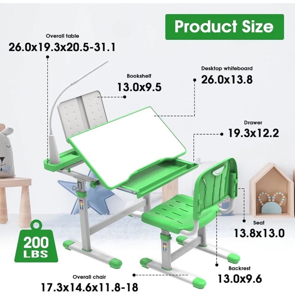 Kids Desk and Chair Set with 40-Degree Tilted Desktop, Height Adjustable Children Desk and Chair Set for Boys and Girls 2