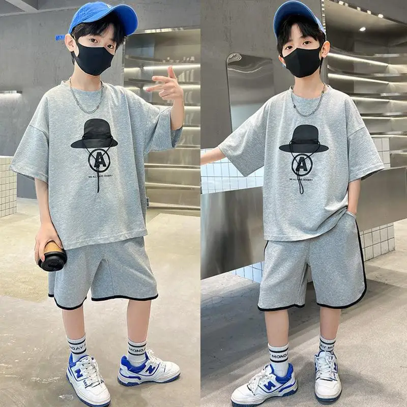 

9-12Y Children Boy Summer Clothes Fashion Short Sleeve Tshirt Top and Short Bottom 2 Pieces Outfit Casual Tracksuit