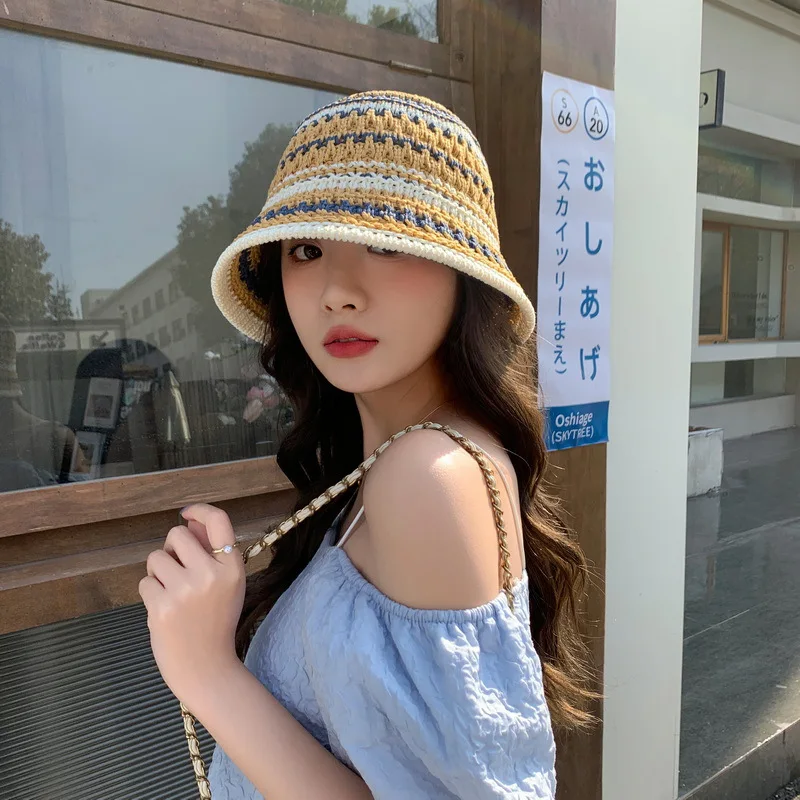 Colorful Stripe Knitted Bowl Hats for Women's Casual Versatile Korean Decoration Foldable Sun Visor Hat Bucket Hat sun hat,bucket hat,women bucket hat,women hat