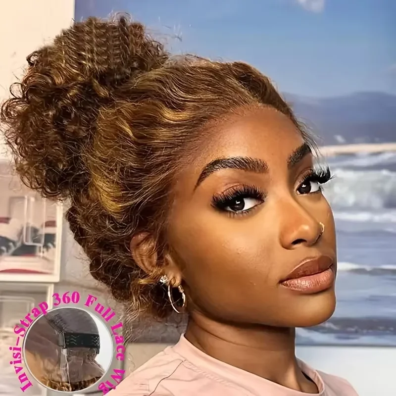 4/27 Highlight Curly Lace Front Wigs Human Hair 360 Full Lace Wig Human Hair Pre Plucked HD Lace Frontal Human Hair Wig