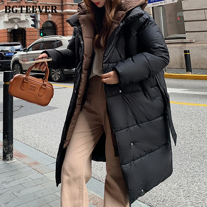 

BGTEEVER Зимние Модные теплые женские длинные хлопковые парки, повседневные свободные однобортные женские пуховики с капюшоном и длинным рукавом