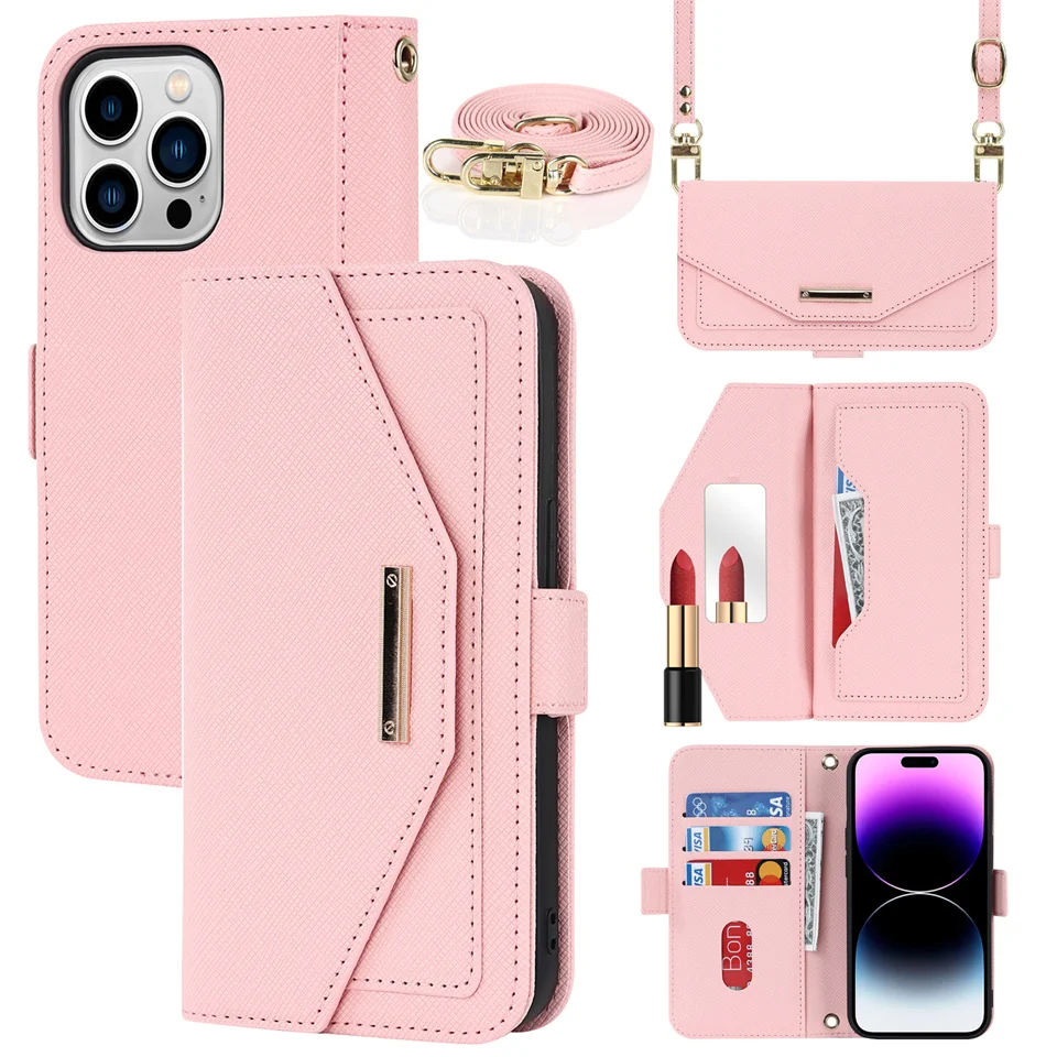 

Чехол-кошелек кросс-боди с ремешком для iPhone 15 Pro Max 14 13 12 Mini 11 XR 8 7 SE 2022, слот для карт, магнитная подставка, зеркальный Чехол-книжка