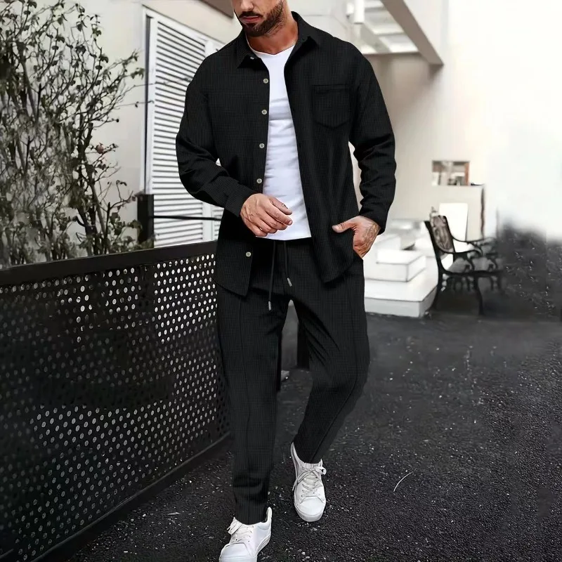 Cross-border Spring and Autumn New Men's Waffle Solid Color Long-sleeved Shirt and Long Pants Casual Outdoor Set, Fashionable