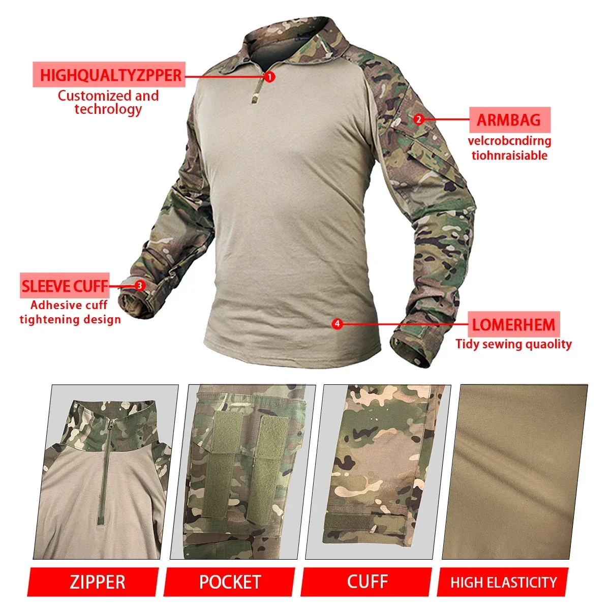 Combat Uniform +Pads Safari Tactical Pants Sport Climbing Uniform Camo Shirt Combat Shirts Hunting Clothes Men Clothing Camping 4