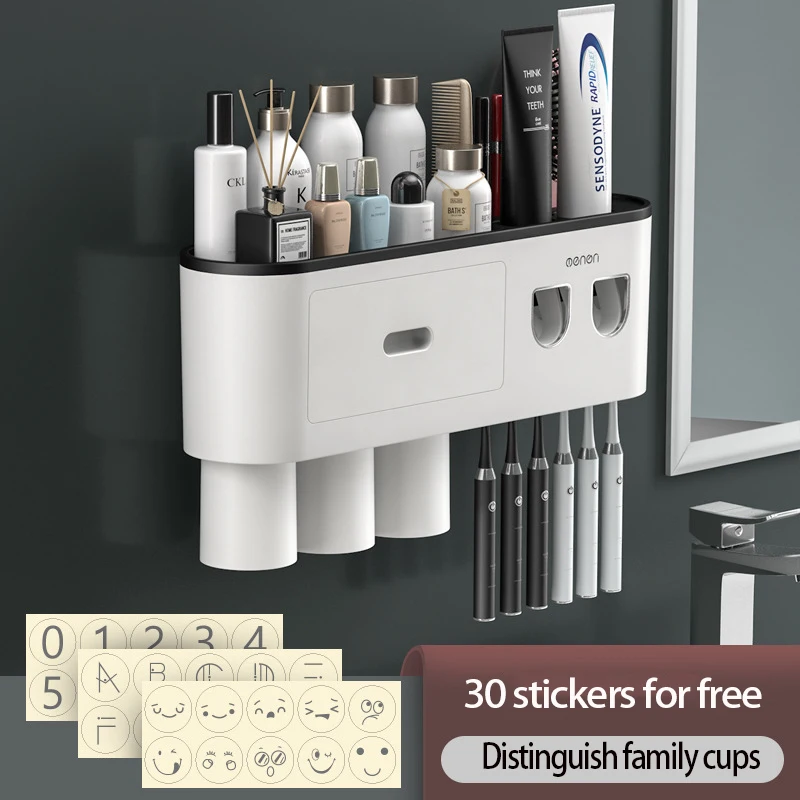 Magnetic Toothbrush Holder Storage Rack Automatic Toothpaste Dispenser Wall-Mounted Waterproof Bathroom Storage Accessories Set