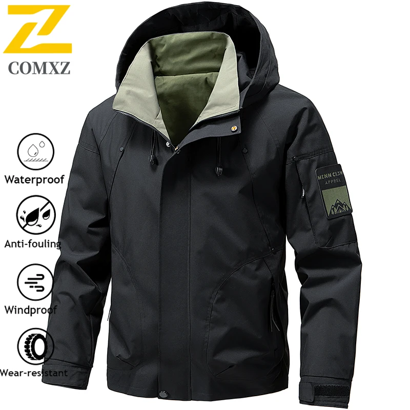 COMXZ Rain Jacket Autumn Big Size Windproof Camping Hunting Running Cycling Windbreaker Coat Gorpcore Hooded Jackets for Man