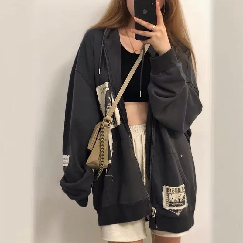 thumbnail image 1 of Sudadera con capucha de punto de parche Vintage para mujer, ropa de calle de estilo coreano Harajuku Y2K, ropa de calle Grunge, chaqueta de gran tamaño, Tops de otoño, 1 of 5