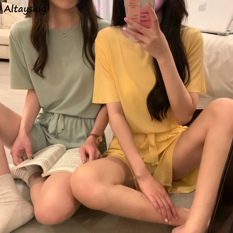 

Пижамный комплект Женский однотонный, мягкая домашняя одежда для сна с кулиской, простой Повседневный милый тонкий пижамный комплект карамельных цветов в Корейском стиле, с круглым вырезом, на лето