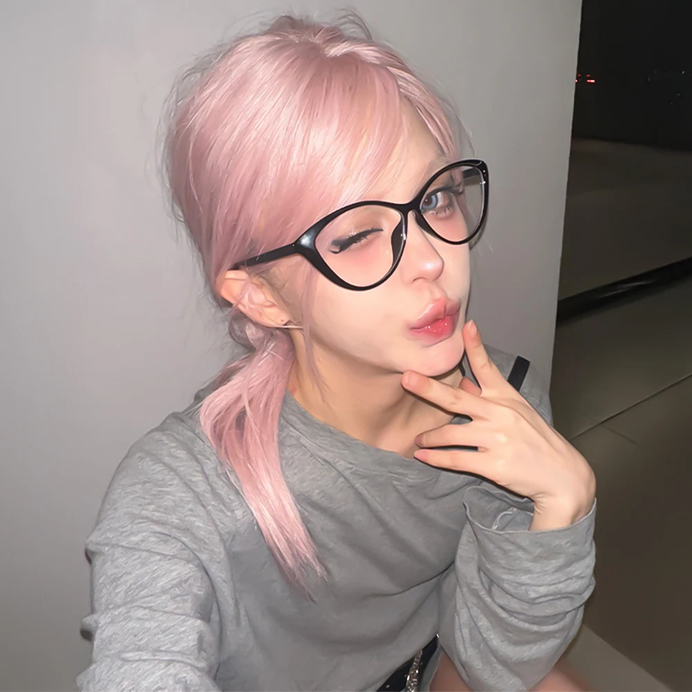 1Pc Pink Synthetic Medium Curly Hair Wig Female Long Hair Full Head Set Cos Simulation Long Straight Daily High Temperature