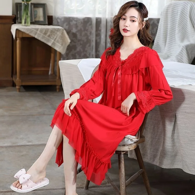 2024 New Big Red Pajama Skirt Women's Autumn Pure Cotton Long Sleeved Nightgowns Spring Girls Thin Cotton Wedding Sleepshirts