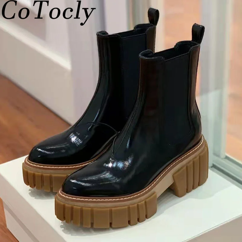 

Thick Sole Square Heel Ankle Boots Women Genuine Leather British Style Shoes Women Round Toe Platform Chelsea Boots Woman