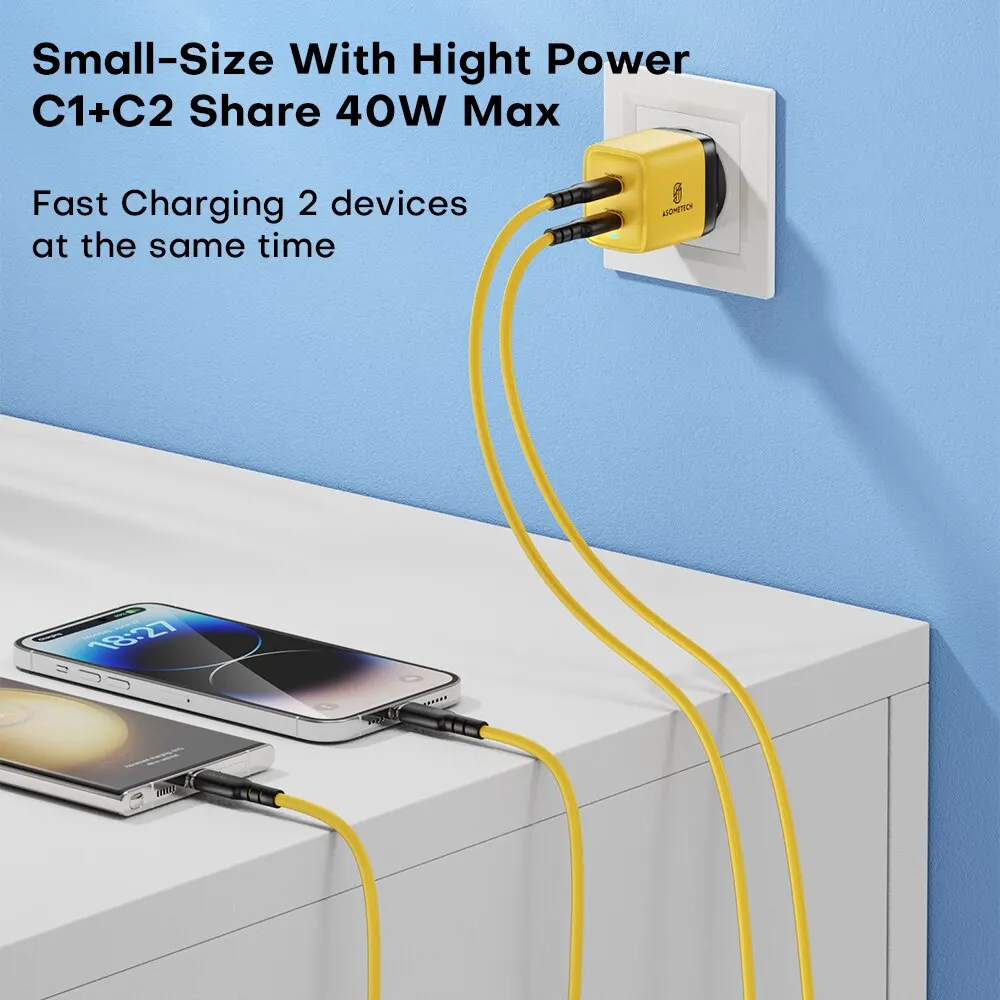ASOMETECH 듀얼 USB C 타입 고속 충전기, 40W GaN 충전기, QC4.0 PPS PD 휴대용 휴대폰 충전기, 아이폰 16, 삼성 S23, 아이패드 태블릿용