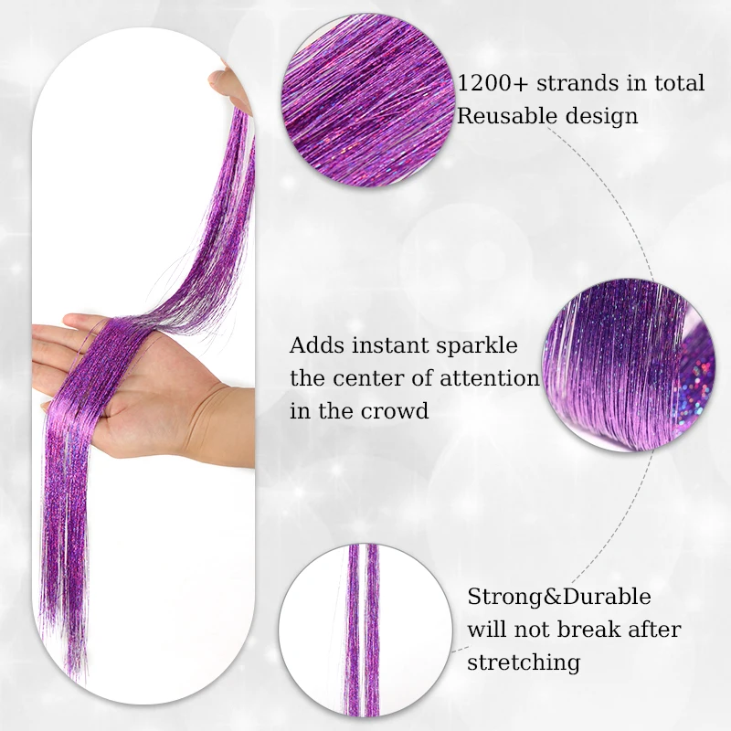 6Pcs 24inch Purple Tinsel Hair Kit Glitter Hair Extension Shiny Colored Hair Tinsel for Women Christmas Party Use Sparkling Hair