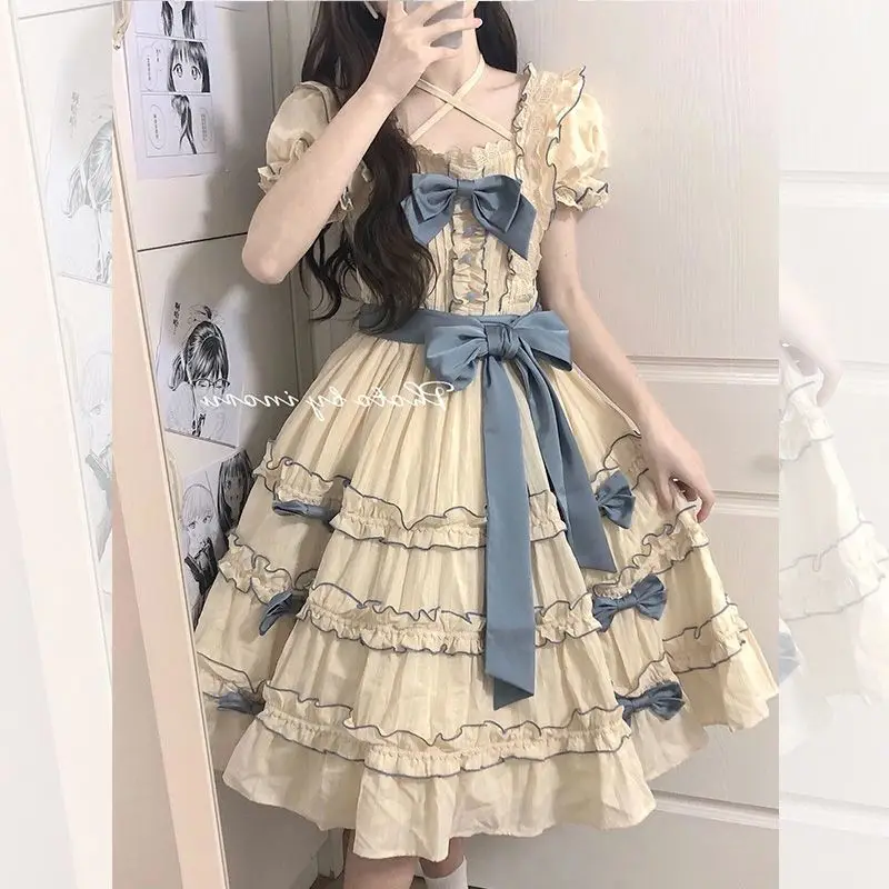 Victorian Vintage Princess Lolita Party Dress Bowknot Panel Lace Binding High Waist