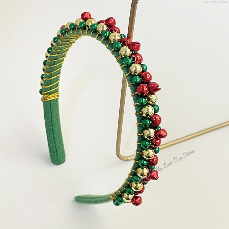 Red Green Christmas Headband Women's Simple Thin Edges Flannel Jingling Bell Beaded Winding Holiday Hair Accessories